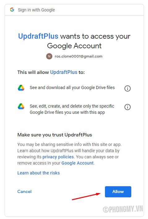 Cài đặt cấu hình google drive cho Updraftplus